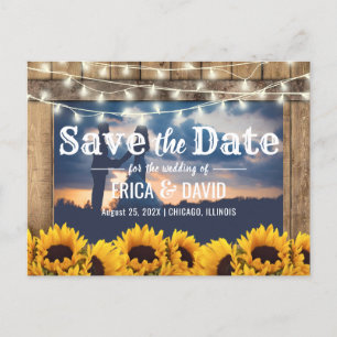 Postal De Anuncios Rustic Sunflower String Lights Photo Save the Date