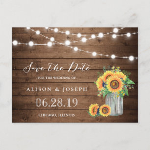 Postal De Anuncios Rustic Sunflowers String Lights Save the Date