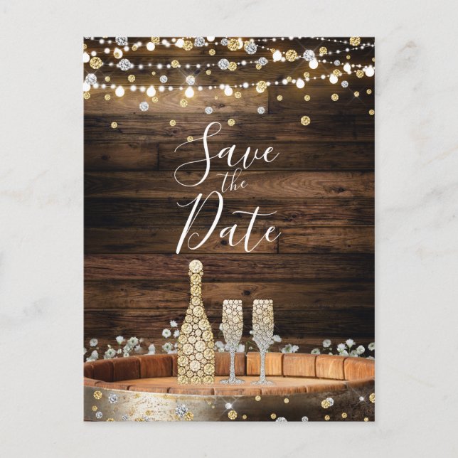Postal De Anuncios Rustic Wood Barrel ilumina Champagne Save the Date (Anverso)