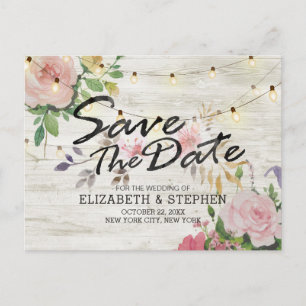Postal De Anuncios Rustic Wood Floral String Lights Boda Save Date