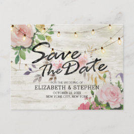 Postal De Anuncios Rustic Wood Floral String Lights Boda Save Date