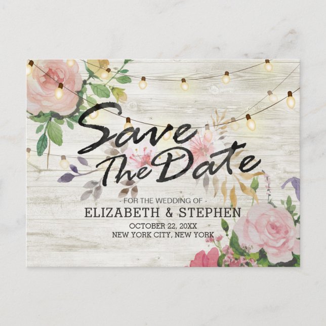 Postal De Anuncios Rustic Wood Floral String Lights Boda Save Date (Anverso)