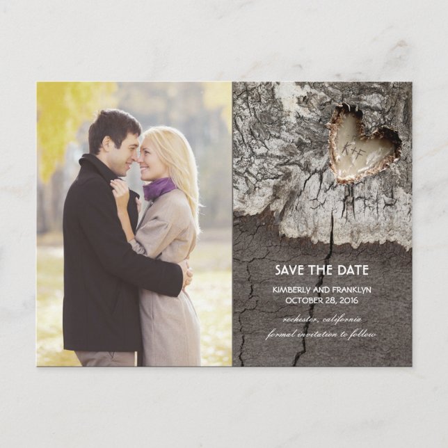 Postal De Anuncios Rustic Wood Heart Birch Bark Photo Save the Date (Anverso)