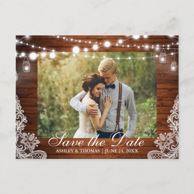 Postal De Anuncios Rustic Wood Jar Lights Save the Date Back Text (Anverso)