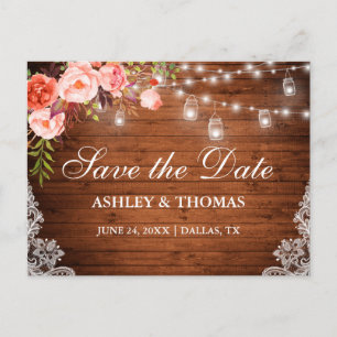 Postal De Anuncios Rustic Wood Lights Jars Coral Floral Save the Date