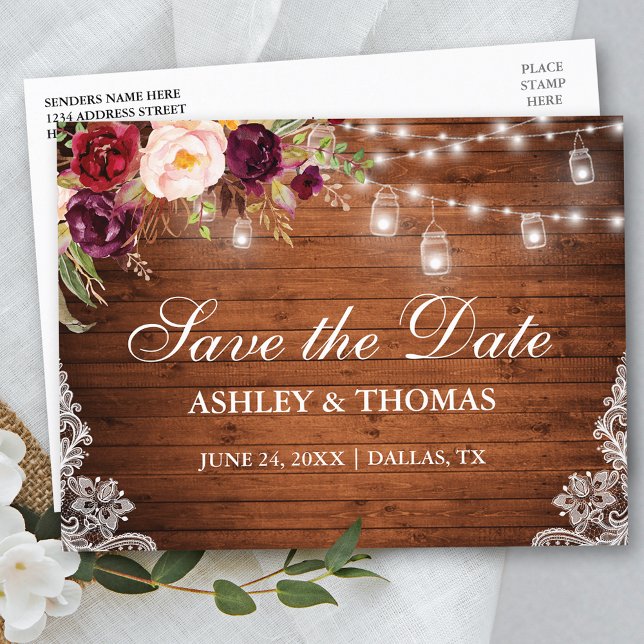 Postal De Anuncios Rustic Wood Lights Jars Lace Floral Save the Date (Customize to change text size or text style.)