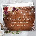 Postal De Anuncios Rustic Wood Lights Jars Lace Floral Save the Date<br><div class="desc">Rustic Wood String ilumina Mason Jars Lace Watercolor de agua borgoña Floral Save the Date Postcard - Printback</div>