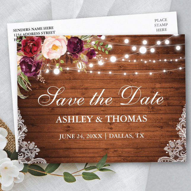 Postal De Anuncios Rustic Wood Lights Lace Floral Save the Date (Customize to change text size or text style.)