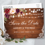 Postal De Anuncios Rustic Wood Lights Lace Floral Save the Date<br><div class="desc">Rustic Wood String Lughts Lace Watercolor Borgoña Floral Save the Date Postcard - Printback</div>