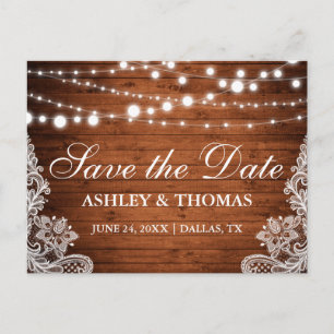 Postal De Anuncios Rustic Wood String Lights Lace Save the Date