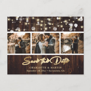 Postal De Anuncios Rustic Wood String Lights Photo Save the Date