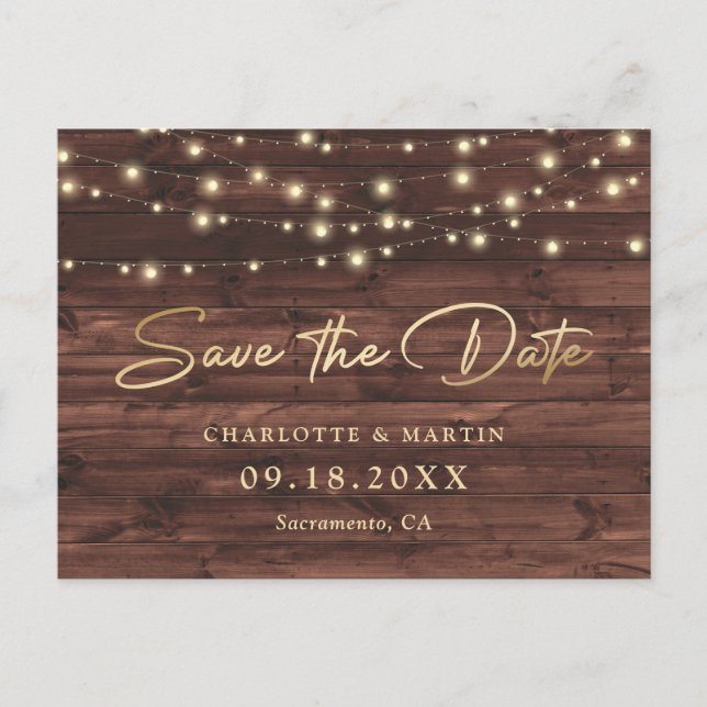 Postal De Anuncios Rustic Wood String Lights Wedding Save The Date (Anverso)