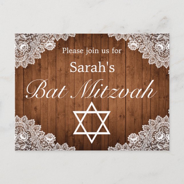 Postal De Anuncios Rustic Wood & White Lace Bar Bat Mitzvah (Anverso)