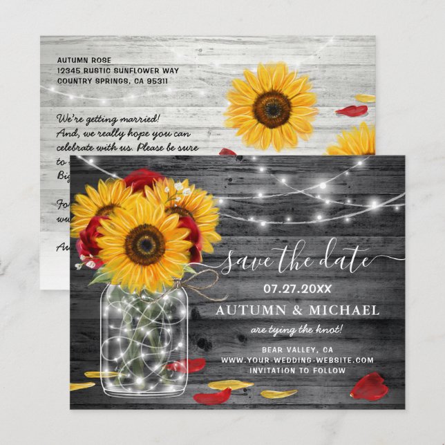 Postal De Anuncios Rústica boda de girasol rosa rojo salva la fecha (Anverso / Reverso)