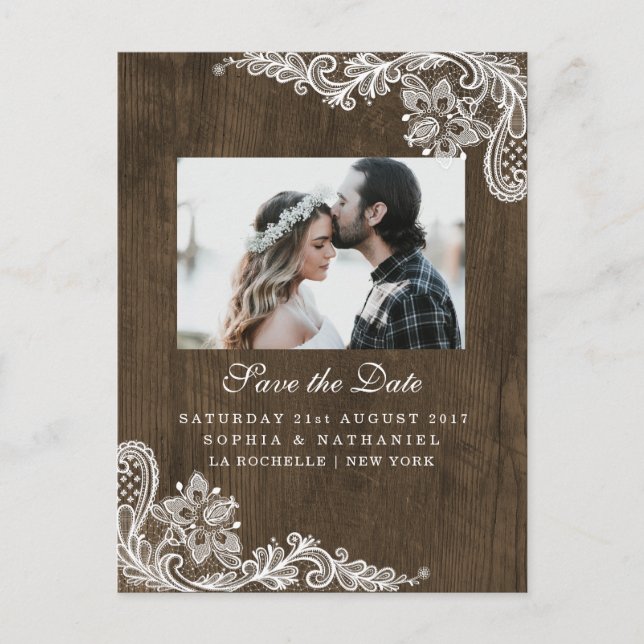 Postal De Anuncios Rústica Floral Lace Blanco de Madera Foto Guardar  (Anverso)