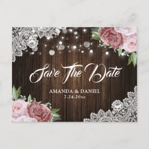 Postal De Anuncios Rústica Lace Rubor Pink Save The Date Postcard