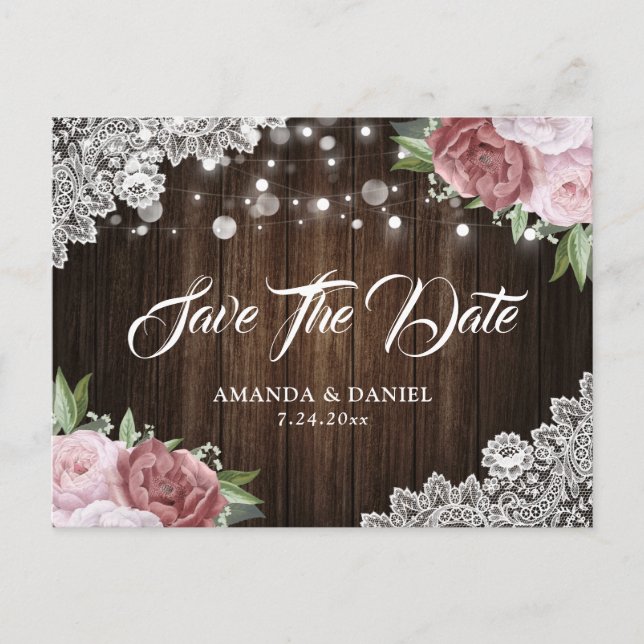 Postal De Anuncios Rústica Lace Rubor Pink Save The Date Postcard (Anverso)
