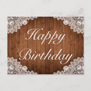 Postal De Anuncios Rústica Wood & White Lace Feliz cumpleaños