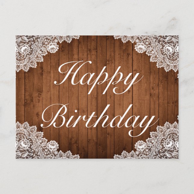 Postal De Anuncios Rústica Wood & White Lace Feliz cumpleaños (Anverso)