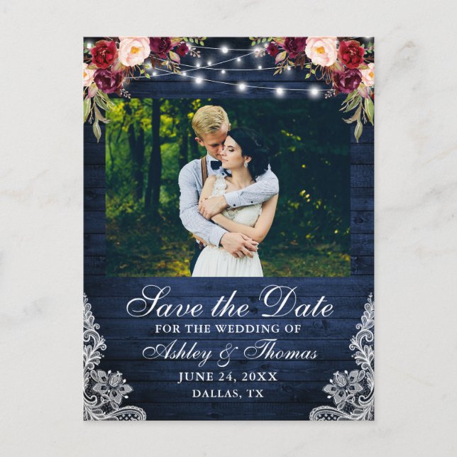 Postal De Anuncios Rústico Burgundy Floral Blue Wood Lights Lace Phot (Anverso)