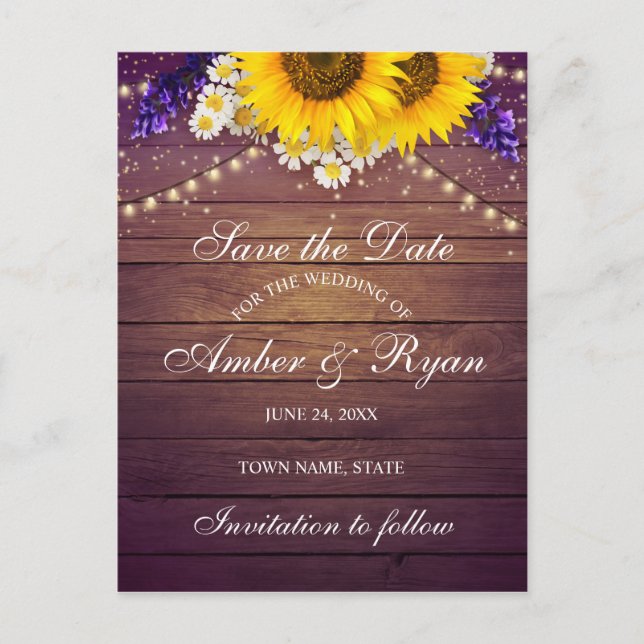 Postal De Anuncios Rústico morado amarillo girasol floral granero (Anverso)