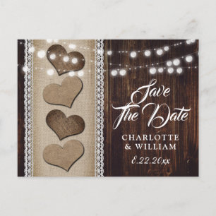 Postal De Anuncios Rústico País Wood Hearts String Lights Boda
