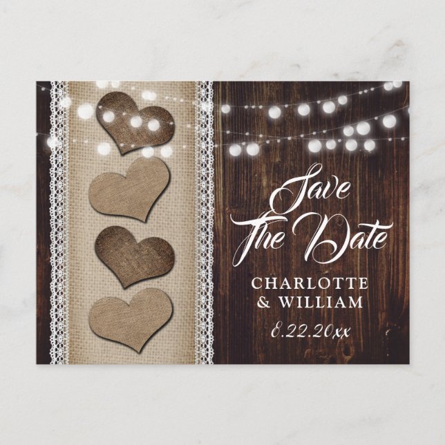 Postal De Anuncios Rústico País Wood Hearts String Lights Boda (Anverso)