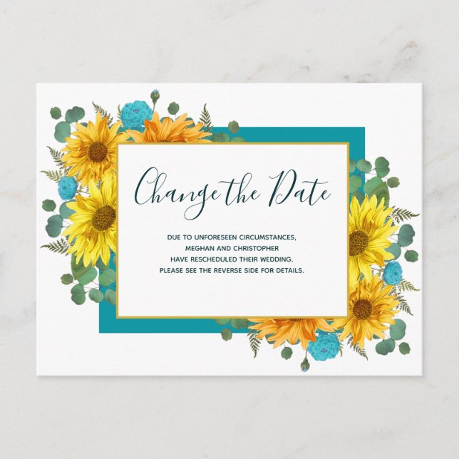 Postal De Anuncios Rústico Rosa de girasol Verde azulado Boda cambia  (Anverso)