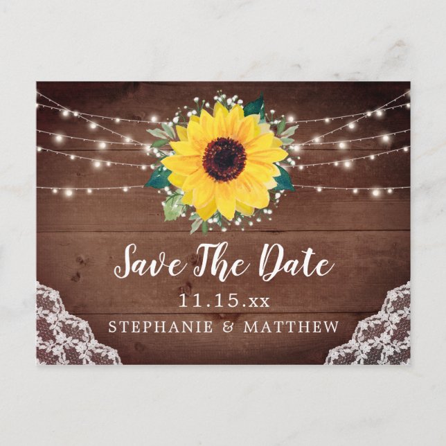 Postal De Anuncios Rústico Sunflower Lace Babys Breath Save The Date (Anverso)