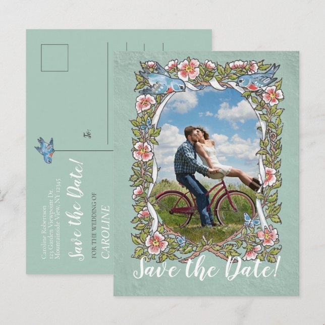 Postal De Anuncios Sage Bird Floral Photo Country Rustic Save Date (Anverso / Reverso)