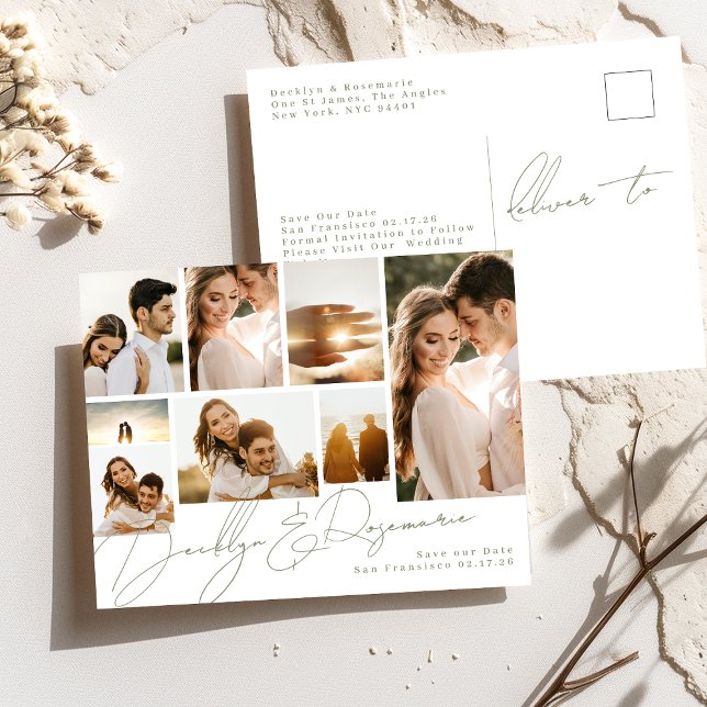Postal De Anuncios Sage Green Collage Multi 8 Photo Save The Date (Subido por el creador)