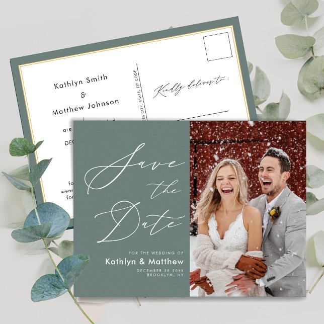 Postal De Anuncios Sage Green Elegant Script Wedding Guardar La Fecha (Subido por el creador)