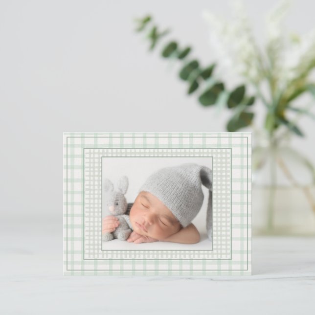 Postal De Anuncios Sage Green Gingham One Photo Gender Neutral Birth (Anverso de pie)