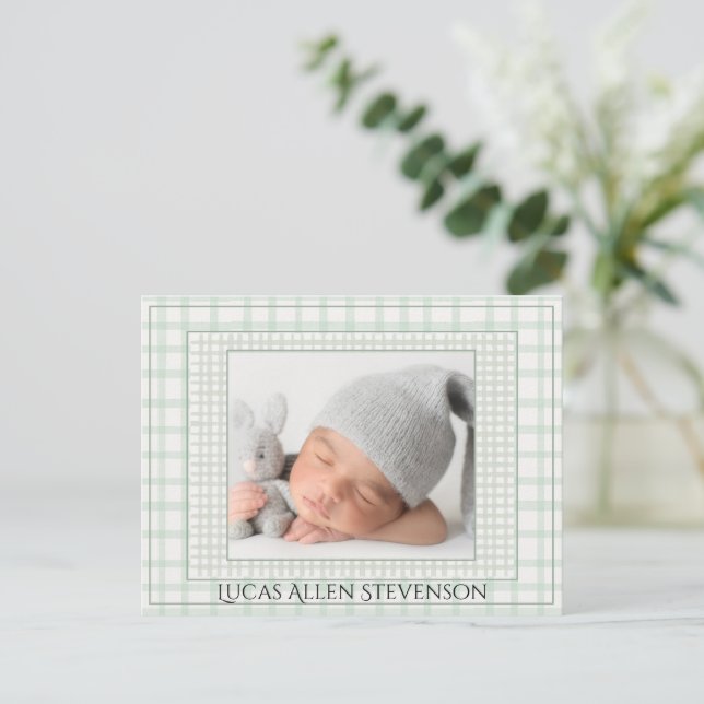 Postal De Anuncios Sage Green Gingham One Photo Gender Neutral Birth (Anverso de pie)