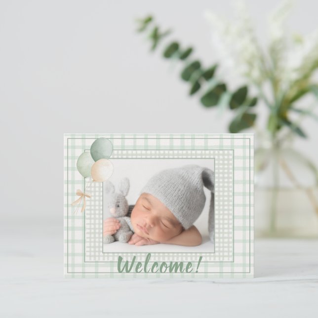 Postal De Anuncios Sage Green Gingham One Photo Gender Neutral Birth (Anverso de pie)