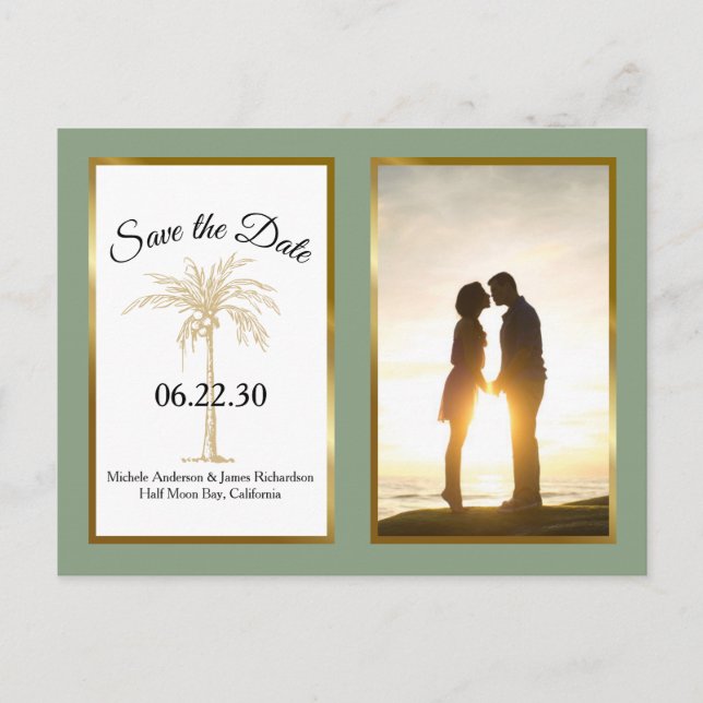 Postal De Anuncios Sage Green Gold Palm Wedding Save The Date Photo (Anverso)