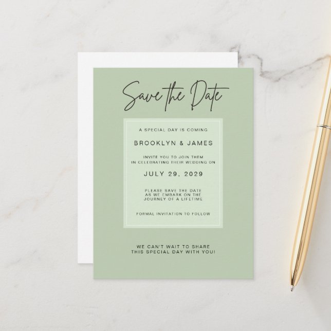 Postal De Anuncios Sage Green Minimal Wedding Save The Date (Anverso/Reverso In Situ)