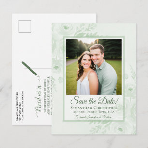 Postal De Anuncios Sage Green Peonías & Foto de Boda Guardar la Fecha
