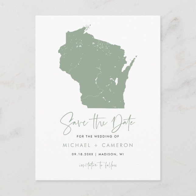 Postal De Anuncios Sage Green Wisconsin Map Modern Save the Date (Anverso)