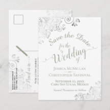 Sage Verde en Blanco Save the Date de Boda con Enc