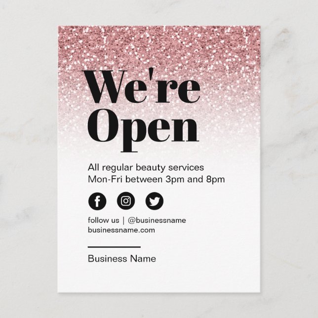 Postal De Anuncios Salón de Belleza Abierto para Negocios Brillo Rosa (Anverso)