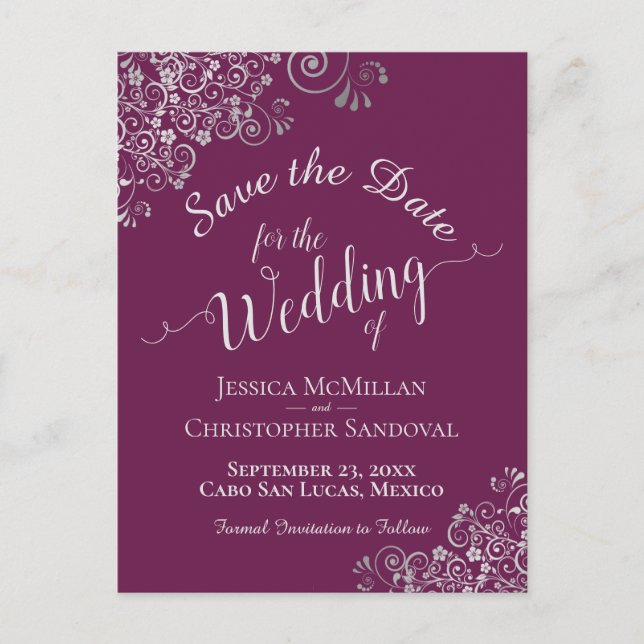 Postal De Anuncios Saltos de plata Cassis Boda púrpura Salvar la fech (Anverso)