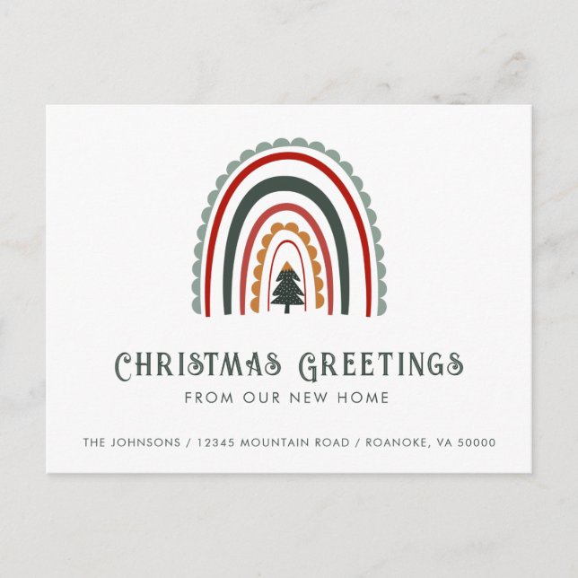 Postal De Anuncios Saludos de Navidad Boho Arcoíris desde Nuevo Hogar (Anverso)