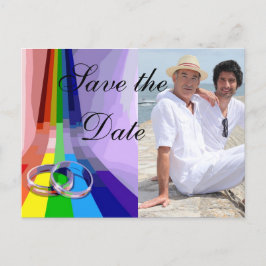Postal De Anuncios Salvar la fecha de boda arcoíris gay y anillos
