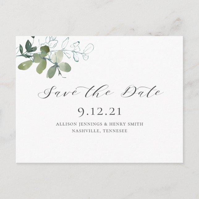 Postal De Anuncios Salvar la Fecha de Boda con Verde de Eucalipto (Anverso)