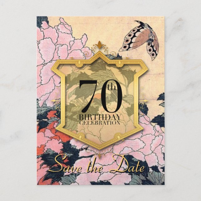 Postal De Anuncios Salven la fecha 70 cumpleaños mariposa y peonías - (Anverso)