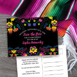 Postal De Anuncios Salven la fecha colorida de la floral de la Fiesta<br><div class="desc">Guarda la tarjeta postal de fecha que puede personalizar para cualquier ocasión. El diseño floral de la fiesta mexicana tiene una abundancia de flores coloridas en el frente con tipografía prefabricada a mano en rosa, sobre un fondo negro. La plantilla está configurada para que usted pueda personalizar la postal con...</div>
