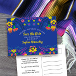 Postal De Anuncios Salven la fecha colorida Fiesta Mexicana Azul Real<br><div class="desc">Guarda la tarjeta postal de fecha que puede personalizar para cualquier ocasión. El diseño floral de la fiesta mexicana tiene una abundancia de flores coloridas en el frente con tipografía prefabricada a mano en amarillo, sobre un fondo azul real. La plantilla está configurada para que usted pueda personalizar la postal...</div>