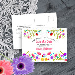 Postal De Anuncios Salven la fecha floral mexicana Fiesta blanca<br><div class="desc">Guarda la tarjeta postal de fecha que puede personalizar para cualquier ocasión. El diseño floral tiene una abundancia de flores de la Fiesta mexicana de bonito en la parte delantera, con tipografía dulce de color rosa. La plantilla está configurada para que usted pueda personalizar la postal con su fecha especial,...</div>