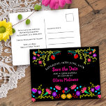 Postal De Anuncios Salven la fecha floral mexicana Fiesta negra<br><div class="desc">Guarda la tarjeta postal de fecha que puede personalizar para cualquier ocasión. El diseño floral tiene una abundancia de flores de la Fiesta mexicana de bonito en la parte delantera, con tipografía dulce de color rosa y negro. La plantilla está configurada para que usted pueda personalizar la postal con su...</div>